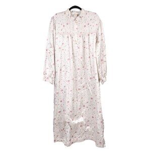 Barbizon VTG Floral Nightgown 1X Satin White Pink Blue Long Button Cuddleskin
